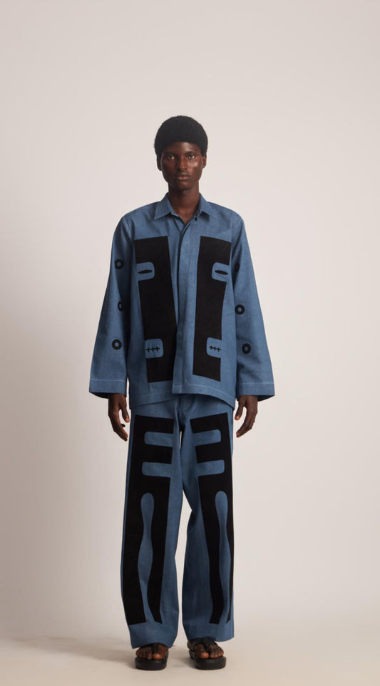 WUMAN DENIM VINYL COMPOSITION SHIRT & PANTS SET